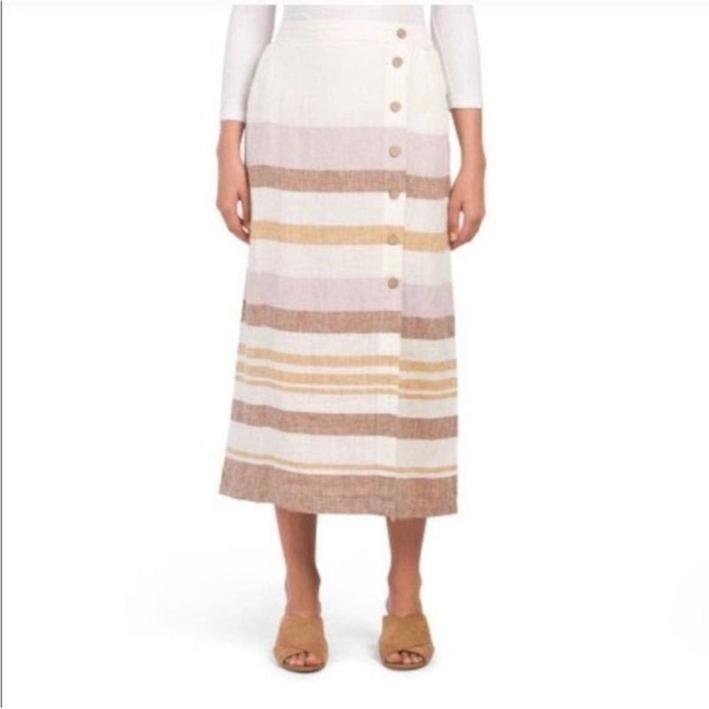 Rachel Zoe Women’s White Pink & Tan Striped 100% Linen Button Front Skirt Size S